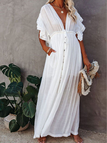 Airchics Robe Longue De Plage De Couleur Unie En V Profond